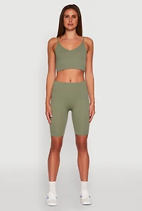 Womens Stylish Ribbed Knit V Neck Sports Bra with Adjustable Straps, Green, Size M-L