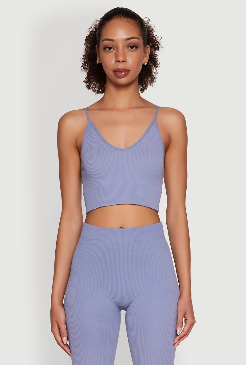Womens Stylish Ribbed Knit V Neck Sports Bra with Adjustable Straps,