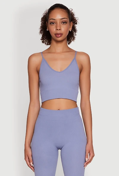 Womens Stylish Ribbed Knit V Neck Sports Bra with Adjustable Straps,