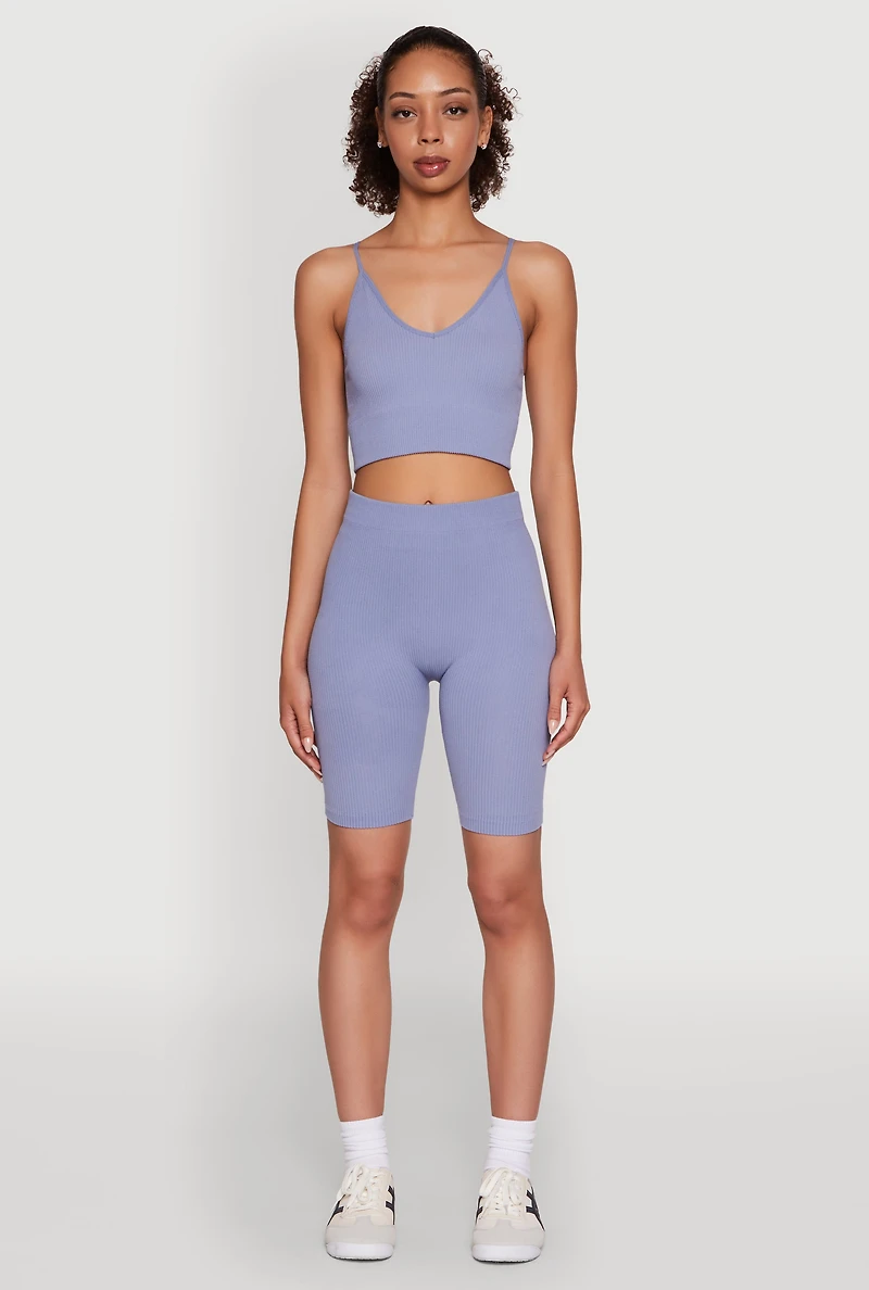 Womens Stylish Ribbed Knit V Neck Sports Bra with Adjustable Straps,