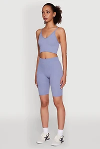 Womens Stylish Ribbed Knit V Neck Sports Bra with Adjustable Straps,