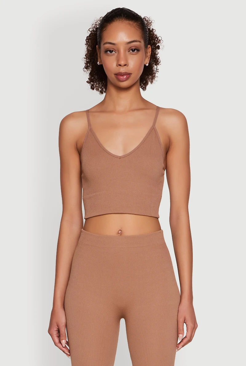 Stylish Ribbed Knit V Neck Sports Bra with Adjustable Straps