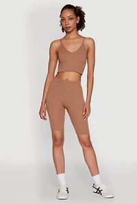 Womens Stylish Ribbed Knit V Neck Sports Bra with Adjustable Straps, Brown, Size S-M