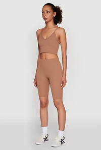 Womens Stylish Ribbed Knit V Neck Sports Bra with Adjustable Straps, Brown, Size S-M