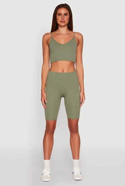Womens Seamless High Waisted Ribbed Knit Bike Shorts,