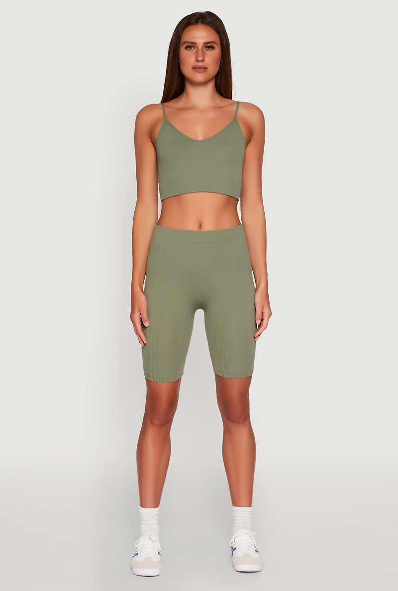 Womens Seamless High Waisted Ribbed Knit Bike Shorts, Green,