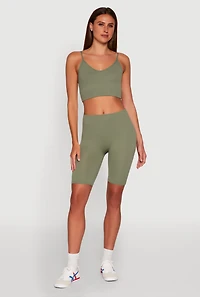 Womens Seamless High Waisted Ribbed Knit Bike Shorts, Green,