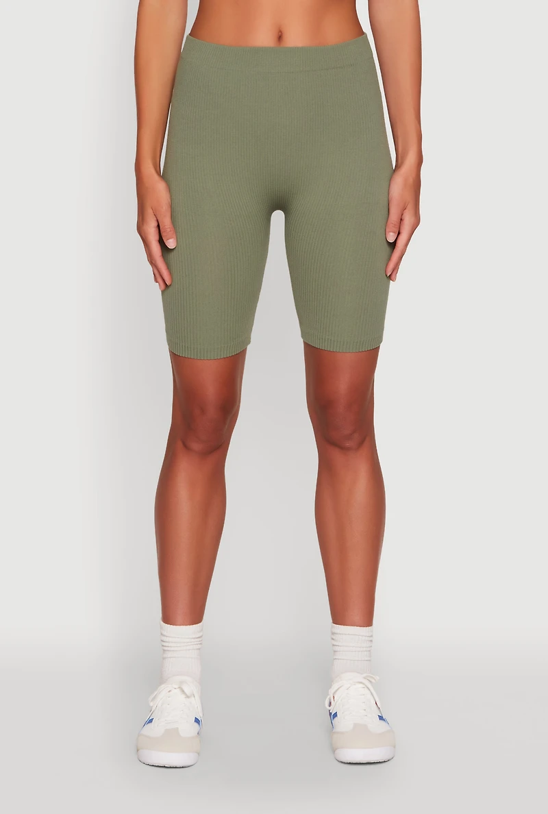 Womens Seamless High Waisted Ribbed Knit Bike Shorts, Green,