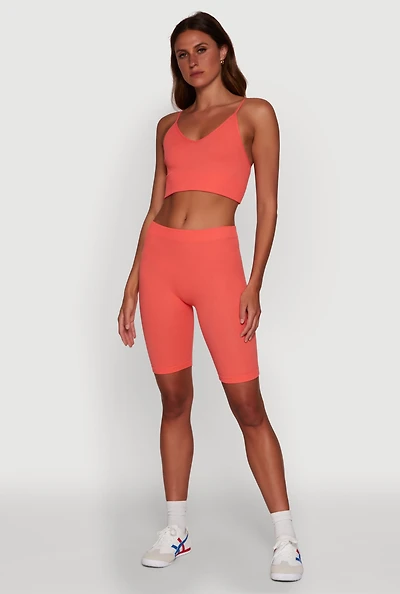 Womens Seamless High Waisted Ribbed Knit Bike Shorts, Orange, Size S-M