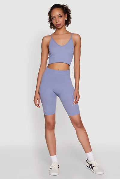 Womens Seamless High Waisted Ribbed Knit Bike Shorts,