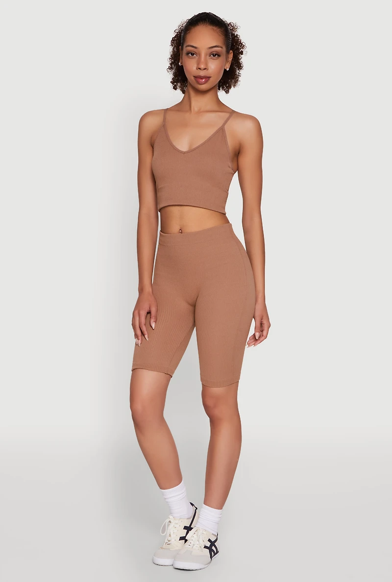 Womens Seamless High Waisted Ribbed Knit Bike Shorts, Brown, Size M-L