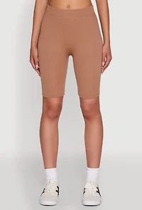 Womens Seamless High Waisted Ribbed Knit Bike Shorts, Brown, Size M-L