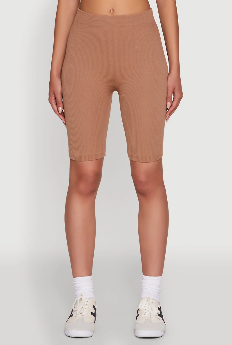 Womens Seamless High Waisted Ribbed Knit Bike Shorts, S-M