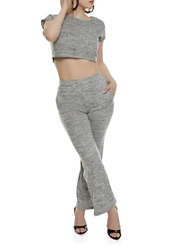 Womens Brushed Knit Crew Neck Cropped Tee, Grey, Size M