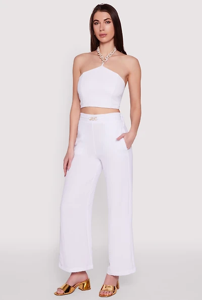 Womens Airy Chain Belted Front Pants, White, Size S