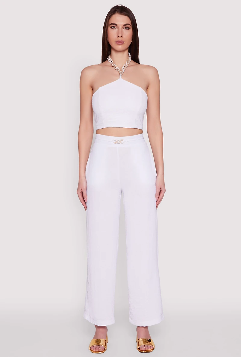 Womens Airy Chain Belted Front Pants, White, Size S