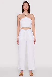 Womens Airy Chain Belted Front Pants, White, Size S