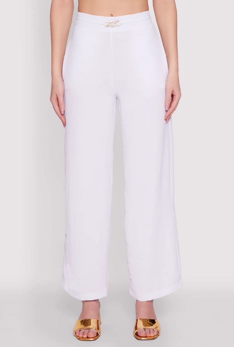 Womens Airy Chain Belted Front Pants, White, Size S