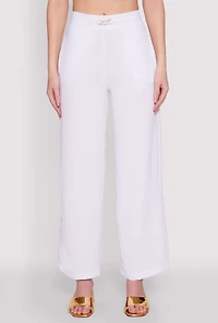 Womens Airy Chain Belted Front Pants, White, Size S