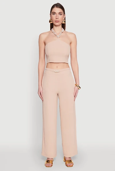 Womens Airy Chain Belted Front Pants, Khaki, Size XL