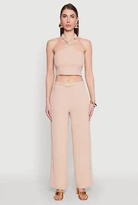 Womens Airy Chain Belted Front Pants, Khaki, Size XL