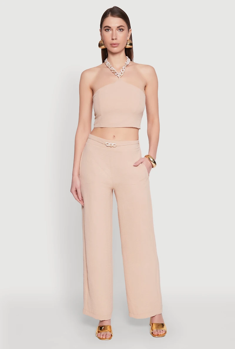 Womens Airy Chain Belted Front Pants, Khaki, Size XL