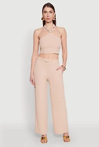 Womens Airy Chain Belted Front Pants, Khaki, Size XL