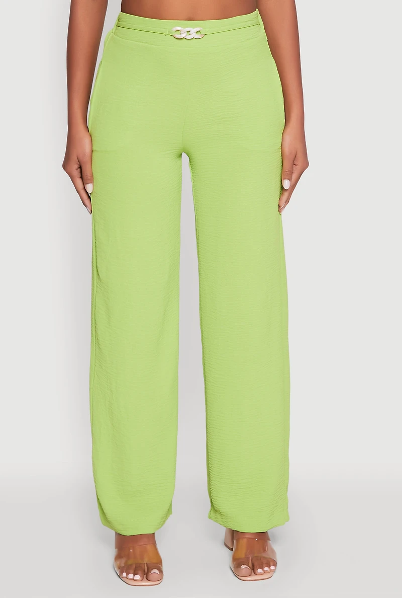Womens Airy Chain Belted Front Pants, Green, Size M