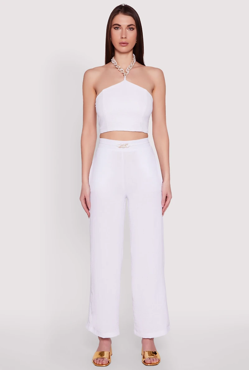 Womens Airy Chain Strap Smocked Back Halter Top, White, Size M
