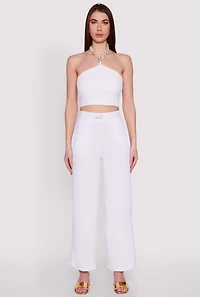 Womens Airy Chain Strap Smocked Back Halter Top, White, Size M