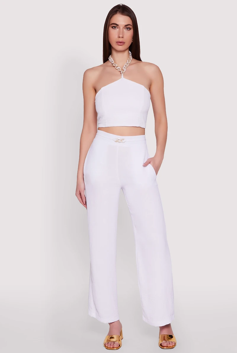 Womens Airy Chain Strap Smocked Back Halter Top, White, Size M