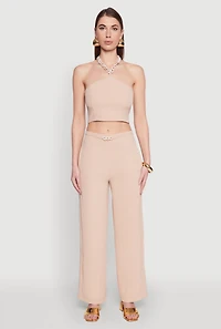 Womens Airy Chain Strap Smocked Back Halter Top,