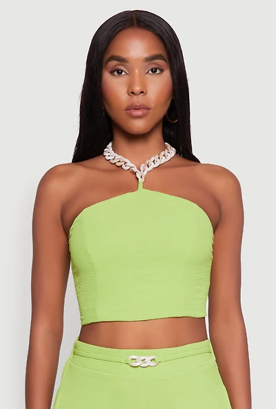 Womens Airy Chain Strap Smocked Back Halter Top, Green, Size M