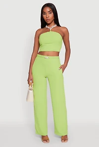 Womens Airy Chain Strap Smocked Back Halter Top, Green, Size XL