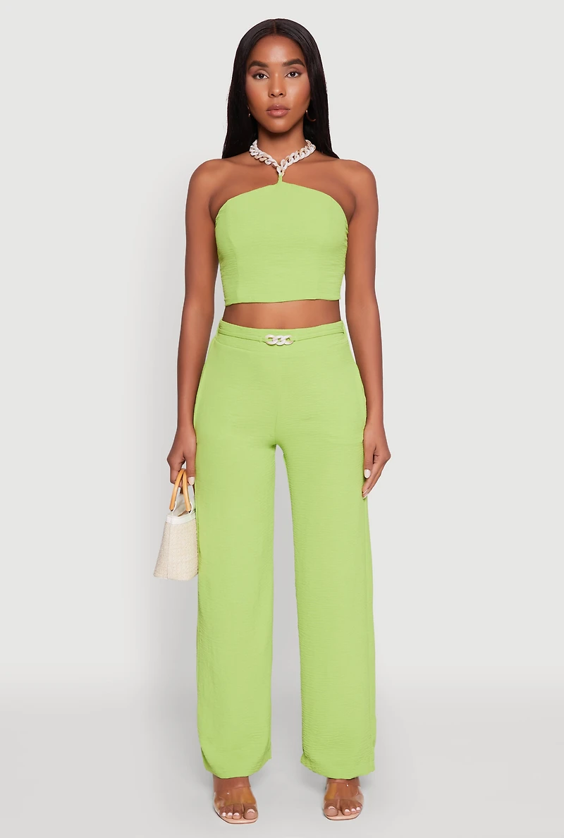 Womens Airy Chain Strap Smocked Back Halter Top, Green, Size M