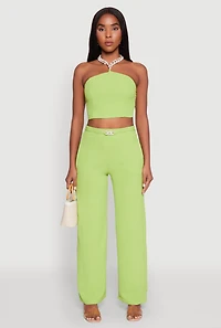 Womens Airy Chain Strap Smocked Back Halter Top, Green, Size M