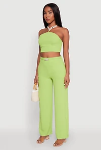 Womens Airy Chain Strap Smocked Back Halter Top, Green, Size M