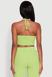 Womens Airy Chain Strap Smocked Back Halter Top, Green, Size M