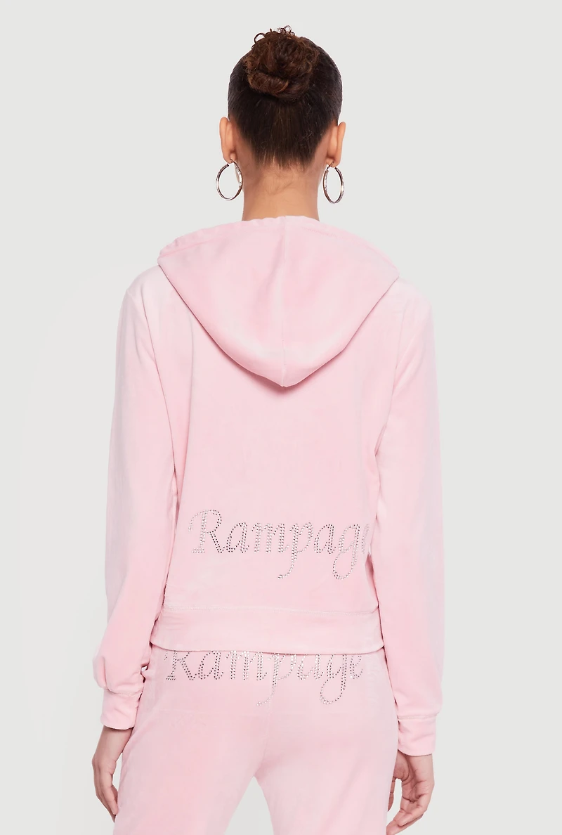 Rhinestone Rampage Velour Zip Front Hoodie