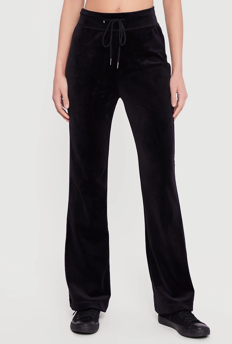 Rhinestone Rampage Velour Drawstring Waist Flare Pants