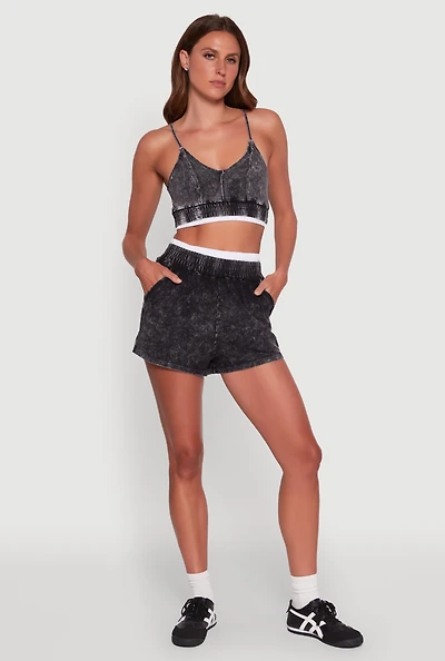 Womens Chic High-Waisted Mineral Wash Shorts, Grey,