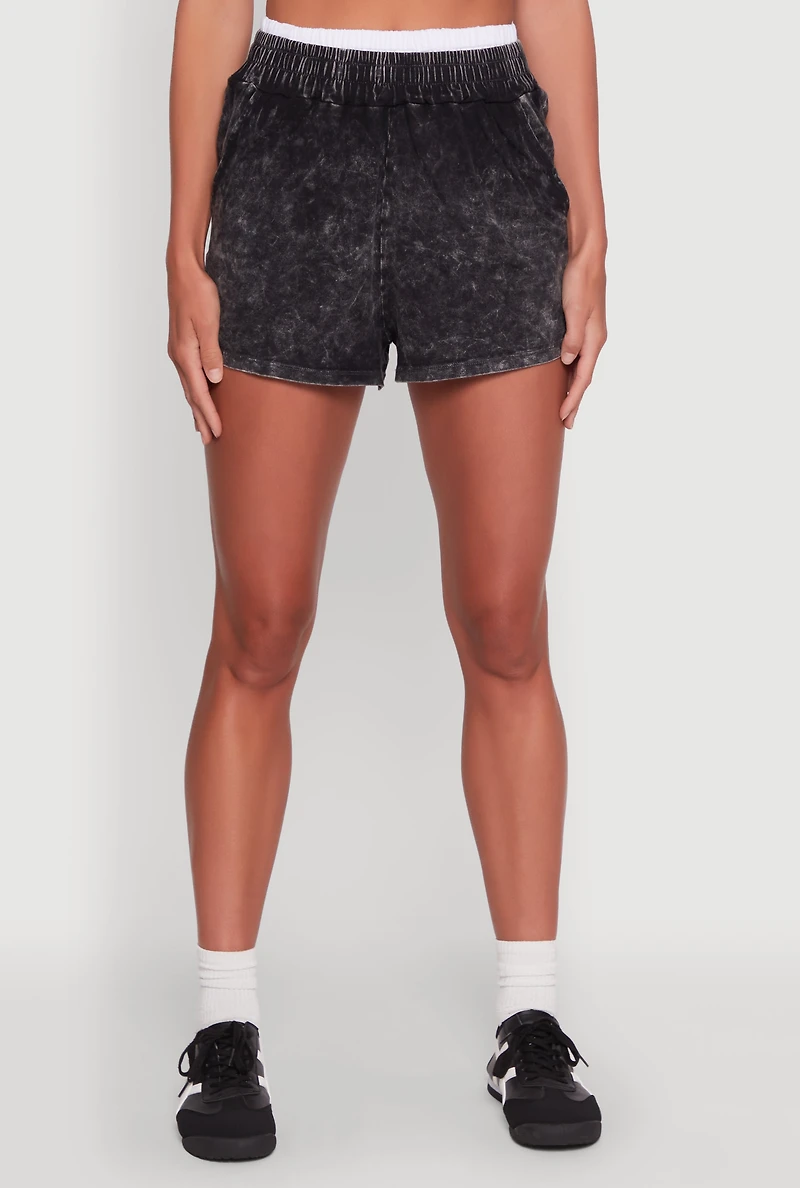 Womens Chic High-Waisted Mineral Wash Shorts, Grey,