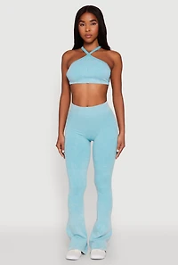 Womens Mineral Wash Seamless Flared Pants, Blue, Size L-XL
