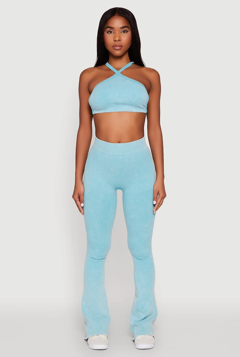 Womens Mineral Wash Seamless Flared Pants, Blue, Size L-XL