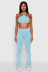 Womens Mineral Wash Seamless Flared Pants, Blue, Size L-XL