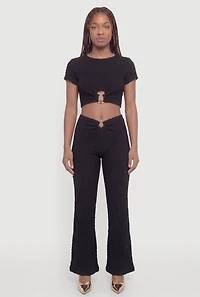 O-Ring Keyhole Textured Knit Flare Pants