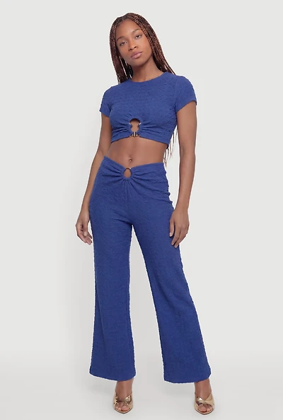 O-Ring Keyhole Textured Knit Flare Pants