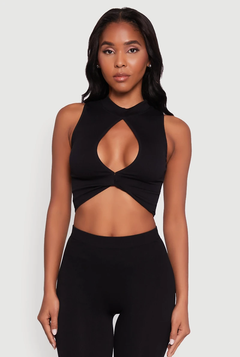 Womens Chic Rib Knit Mock Neck Twist Front Crop Top, Black, Size L-XL