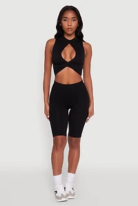 Womens Chic Rib Knit Mock Neck Twist Front Crop Top, Black, Size L-XL