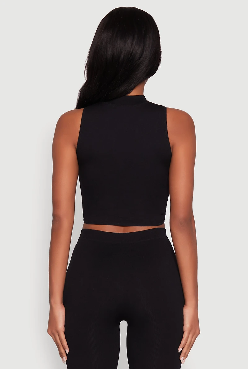 Womens Chic Rib Knit Mock Neck Twist Front Crop Top, Black, Size L-XL